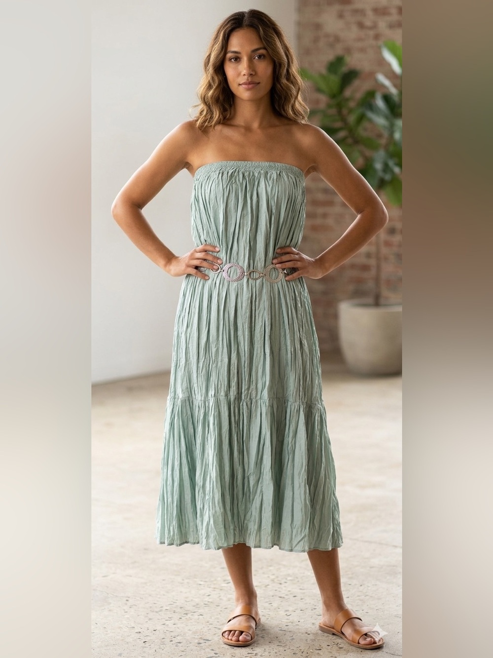 Soji 100% Silk Crinkled Tiered Midi Skirt - Sage Mint Green - Size Large - Picture 8 of 11